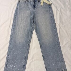 No Boundaries Women's Light Wash Rhinestone Embellished Straight Leg Jeans
